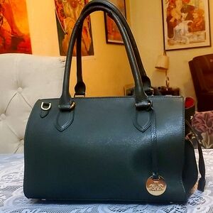 Rowallan, Dark Green Handbag 👜 with Red Interior, Made in Italy